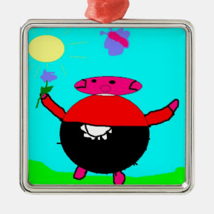 Ornement Métallique cochon à fleurs et papillon au soleil, art par enf