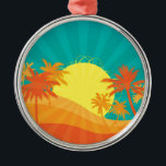 Ornement Métallique Design de surf tropical rétro de Sunset Beach<br><div class="desc">Avec un design d'une plage tropicale rétro au coucher du soleil avec des palmiers. Ce design surf aux couleurs rouge,  orange et jaune rappelle une station balnéaire tropicale en été. Pour les amateurs de soleil,  de surf et de sable et de couchers de soleil tropicaux..</div>