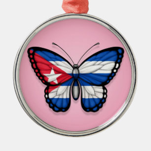 Ornement Métallique Drapeau cubain de papillon sur le rose