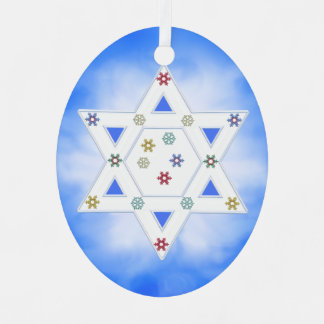 Ornement Métallique Étoile de Hanoukka et flocons de neige bleus