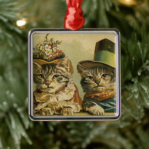Ornement Métallique Humour Vintage, Chat marié et femme victoriens ave