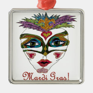 Ornement Métallique Masque à plumes pailleté de Mardi Gras coloré