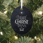 Ornement Métallique Merry CHRISTmas Christian Chalkboard Calligraphie<br><div class="desc">Nous disons "Joyeux Noël" mais souvent nous oublions l'origine des mots. Ce lettrage manuel original utilise son design unique pour raconter l'histoire simplement et élégamment dans le look chalkboard tendance et amusant. Montrez votre esprit CHRISTmas. Trouvez ce morceau de lettrage sur d'autres produits - il suffit de consulter notre magasin....</div>