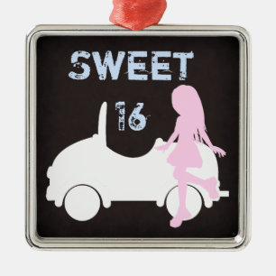 Ornement Métallique Moderne Sweet 16 Silhouette Fille et voiture Noël
