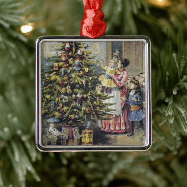 Ornement Métallique Noël Vintage, Famille Victorienne Autour De L'Arbr (Arbre)