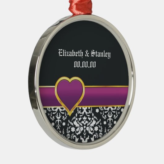 Ornement Métallique Noir blanc damassé mauve coeur Enregistrer la date (Droite)