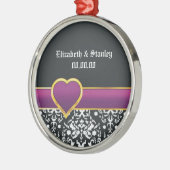 Ornement Métallique Noir blanc damassé mauve coeur Enregistrer la date (Gauche)