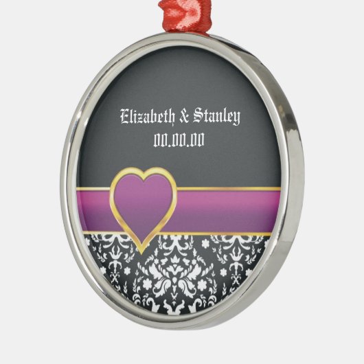 Ornement Métallique Noir blanc damassé mauve coeur Enregistrer la date (Gauche)
