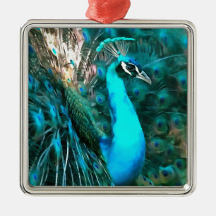 Ornement Métallique Peacock Bleu Vibrant Avec Queue Fissée