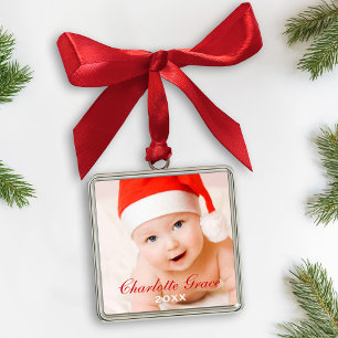 Ornement Métallique Première photo de bébé avec monogramme de Noël en