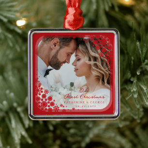 Ornement Métallique Red Snowflakes Frame Modern Holiday Mariage Photo
