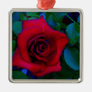 Ornement Métallique Roses rouges aux tons bleus
