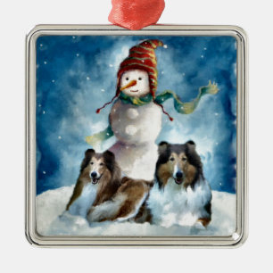 Ornement Métallique Rough Collie avec Snowman Christmas