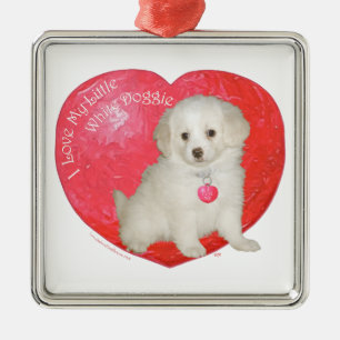 Ornement Métallique Sauvetage de Saint-Valentin de Petit Chien Blanc