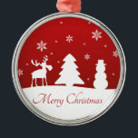 Ornement Métallique Snowman de rennes d'arbre de Noël<br><div class="desc">Illustration de Noël minimaliste moderne avec silhouettes blanches de rennes,  d'arbres,  de bonhomme de neige et de flocons de neige avec joyeux voeux de Noël sur un arrière - plan rouge.</div>