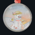 Ornement Métallique Snowman et Winter Woodland Friends<br><div class="desc">Cette belle collection vibrante de dessins pour enfants, présente une variété de mignons animaux d'aquarelle dans une scène de neige hivernale et un adorable bonhomme de neige entouré de grands arbres recouverts de neige brillant avec la neige légère du soleil brillant, tandis que la neige tombe. Cette jolie illustration de...</div>