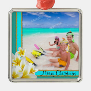 Ornement Métallique Tropical Hawaiian Plumeria Holiday Photo Ornament