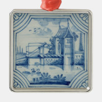 Tuile de Delft montrant un pont-levis au-dessus