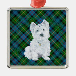 Ornement Métallique Westie sur Tartan