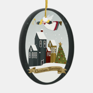 Ornement Ovale En Céramique Ange de Noël - Bonne Nouvelle, Bénédiction de Noël