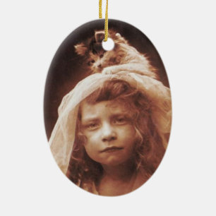 Ornement Ovale En Céramique Antique Photo Girl Chat sur Head Funny