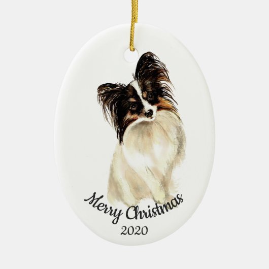Ornement Ovale En Céramique Aquarelle personnalisée de Noël Papillon Chien (Devant)