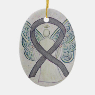 Ornement Ovale En Céramique Argent Sparkour Sensibilisation Ribbon Angel Ornem