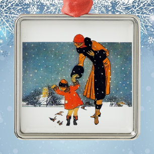 Ornement Ovale En Céramique Art Déco vintage Hiver Mère et Enfant dans la Neig