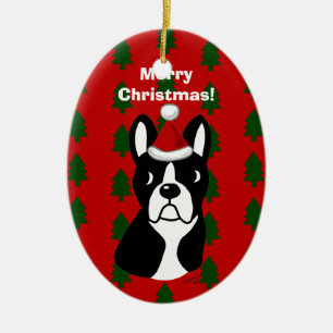 Ornement Ovale En Céramique Bande dessinée de Noël de Boston Terrier