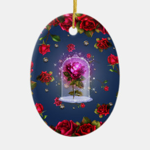 Ornement Ovale En Céramique Beauté enchantée de rose rouge magique