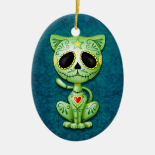 Ornement Ovale En Céramique Chaton vert de sucre de zombi sur le bleu