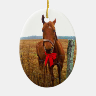 Ornement Ovale En Céramique Cheval de Noël à arc rouge