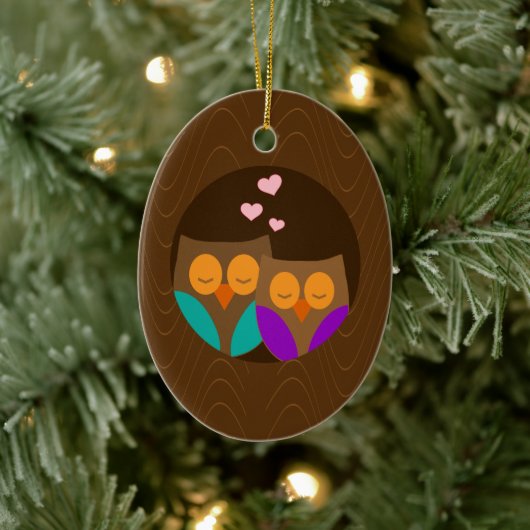 Ornement Ovale En Céramique Chouettes dans un nid (Arbre)