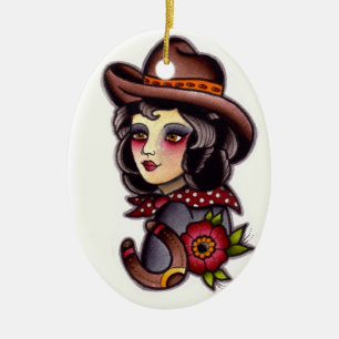 Ornement Ovale En Céramique Cow-girl