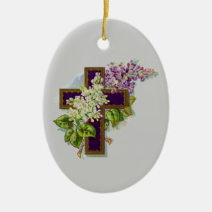 Ornement Ovale En Céramique Croix pourpre avec des fleurs