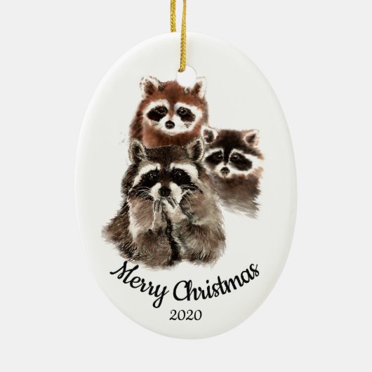 Ornement Ovale En Céramique Custom Dated Christmas Raccoon Family Fun (Dos)