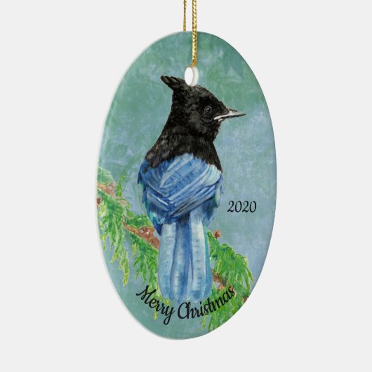 Ornement Ovale En Céramique Custom Dated Christmas Stellar Jay Bird Art (Droite)