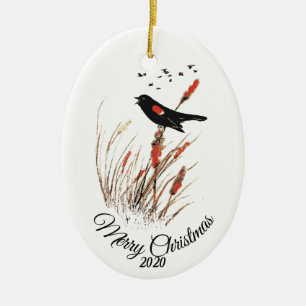 Ornement Ovale En Céramique Custom Dated Christmas Watercolor Blackbird