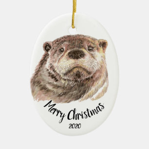 Ornement Ovale En Céramique Custom Dated Christmas Watercolor Otter Animal