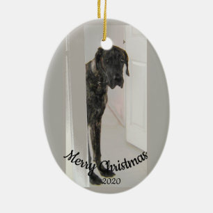 Ornement Ovale En Céramique Custom Dated Noël triste à l'air grand chien Danse