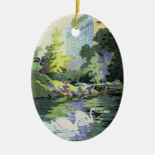 Ornement Ovale En Céramique Deux cygnes dans le lac central Park