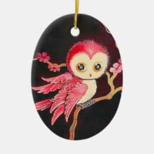 Ornement Ovale En Céramique Doux Hibou Rouge