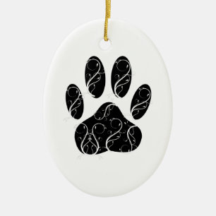 Ornement Ovale En Céramique Empreinte de patte Chien Noir Avec Flouris Blanc