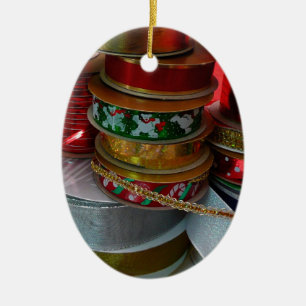 Ornement Ovale En Céramique Épaves de Noël Ruban Holiday Rouge et or
