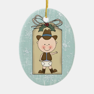 Ornement Ovale En Céramique Étiquette de cadeau de cowboy d'enfant d'enfant e
