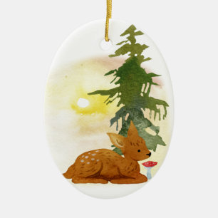 Ornement Ovale En Céramique Faon de forêt à l'aquarelle