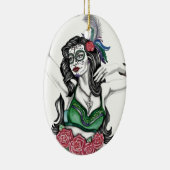 Ornement Ovale En Céramique Femme crâne de sucre avec Rose (Droite)