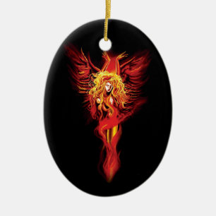 Ornement Ovale En Céramique Femme Phénix Fantastique Rouge Incandescent Noir