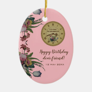 Ornement Ovale En Céramique Fête d'anniversaire Horloge vintage avec fleurs