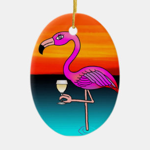 Ornement Ovale En Céramique Flamant rose buvant du vin personnalisé